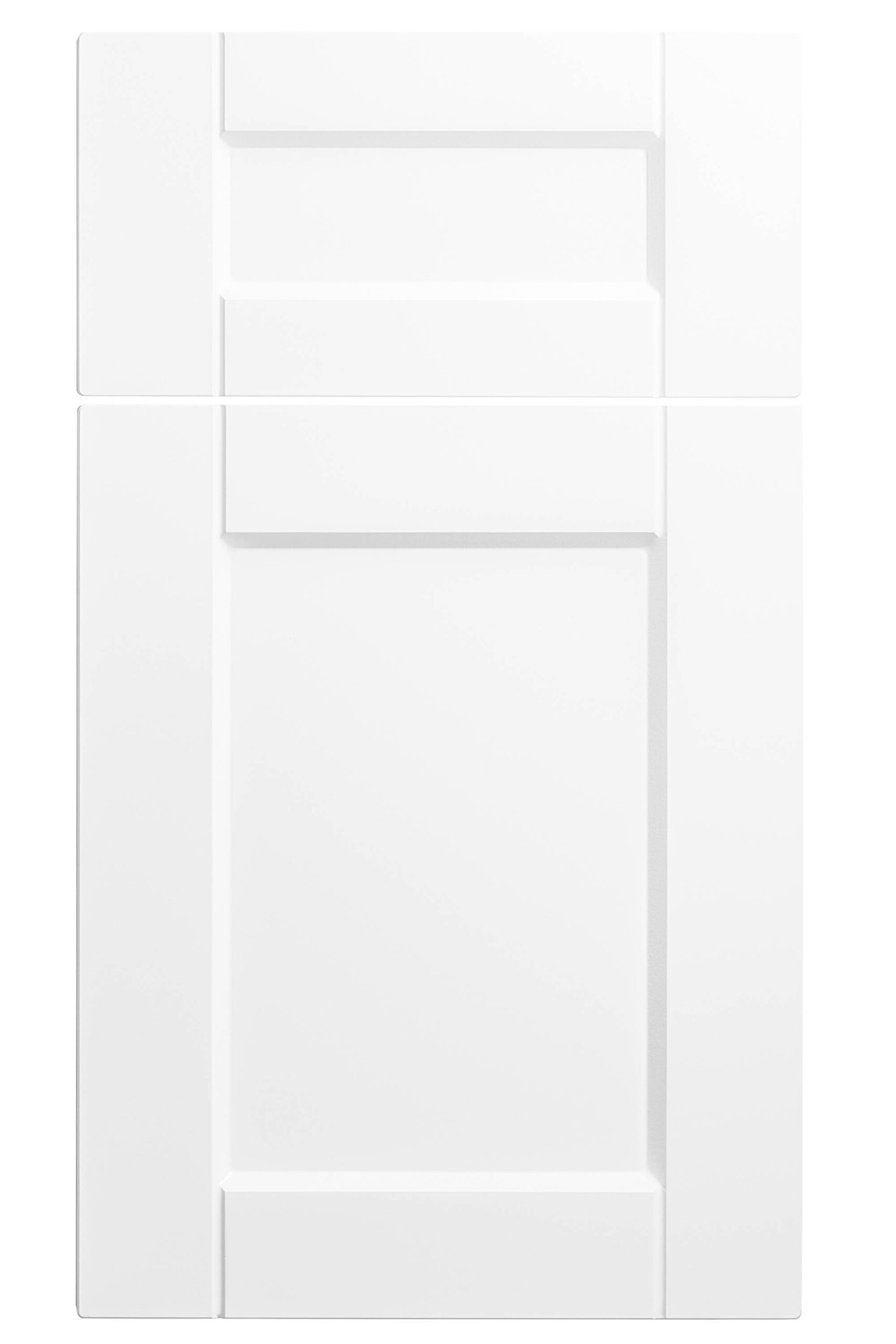 Front view of a white Lancaster II cabinet panel that Heart of Home Kitchen and Bath Inc can install