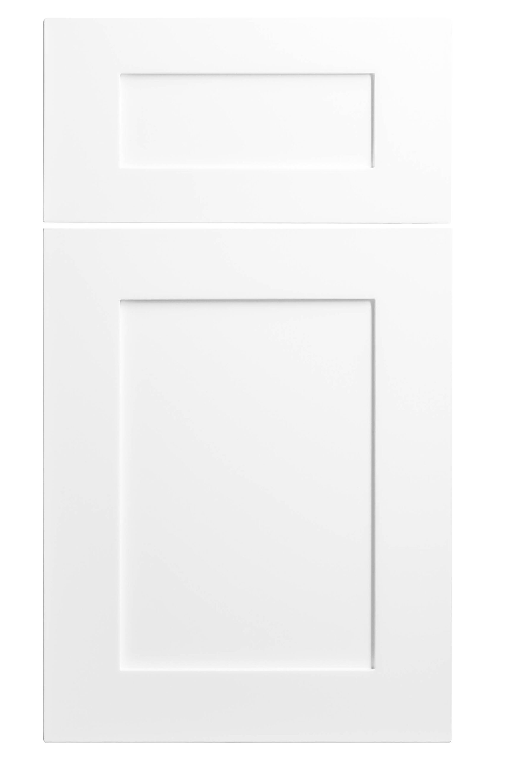 Front view of a white Olympic cabinet panel (aka Shaker Square) that Heart of Home Kitchen and Bath Inc can install