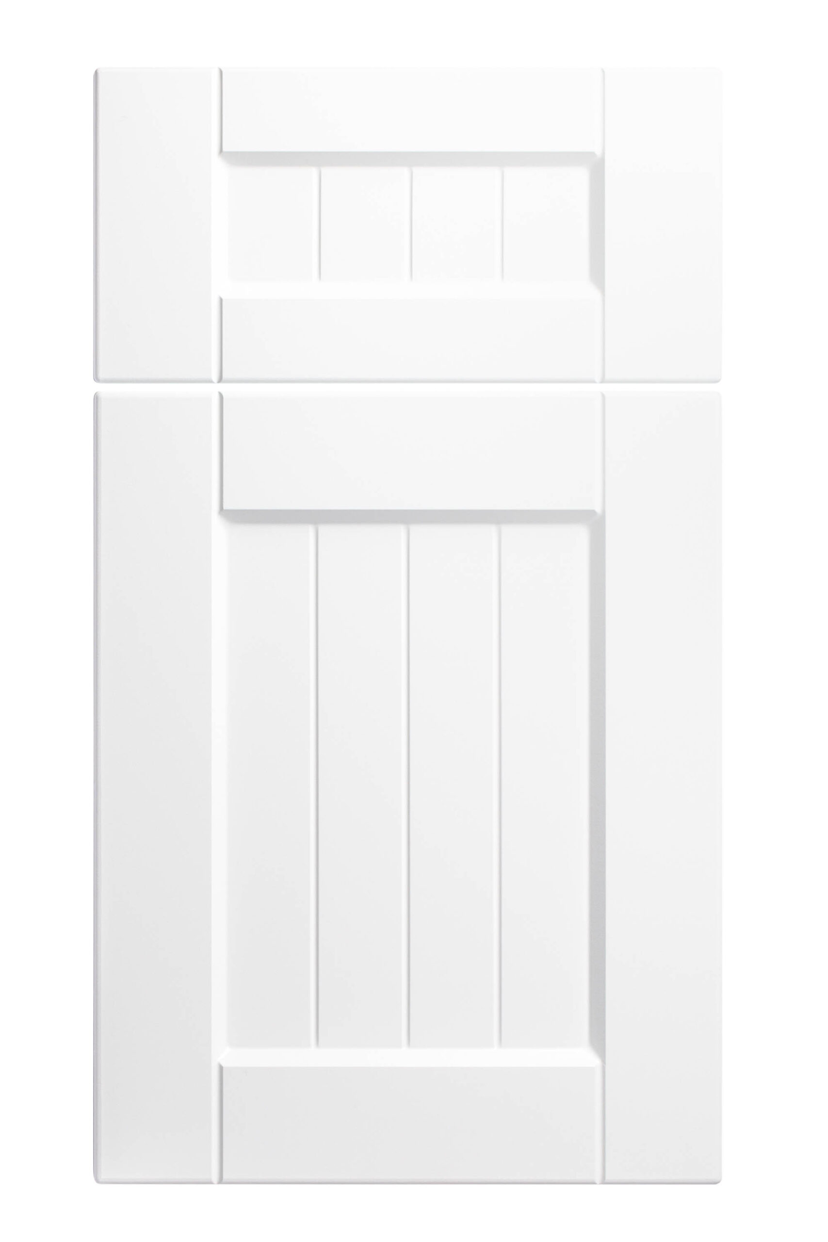 Front view of a white Santos V cabinet panel that Heart of Home Kitchen and Bath Inc can install