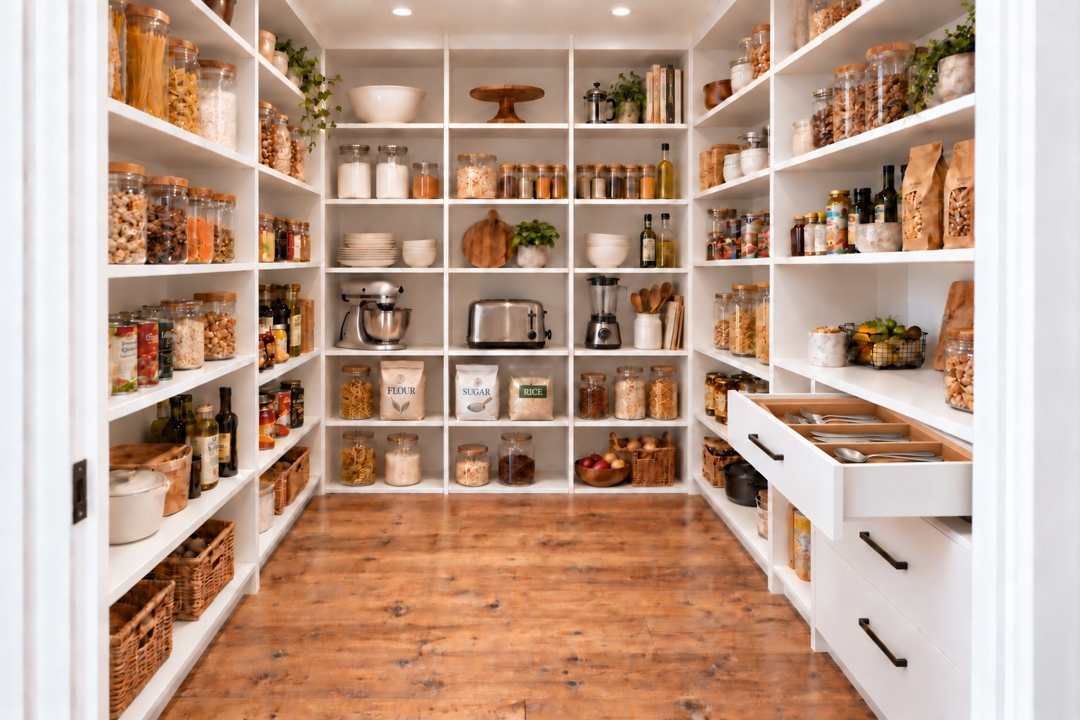 White pantry shelving with food storage and drawers