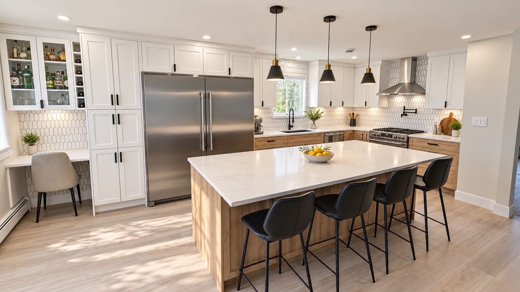 Rendering of white shaker and woodgrain kitchen cabinetry, based on HOH project photos.