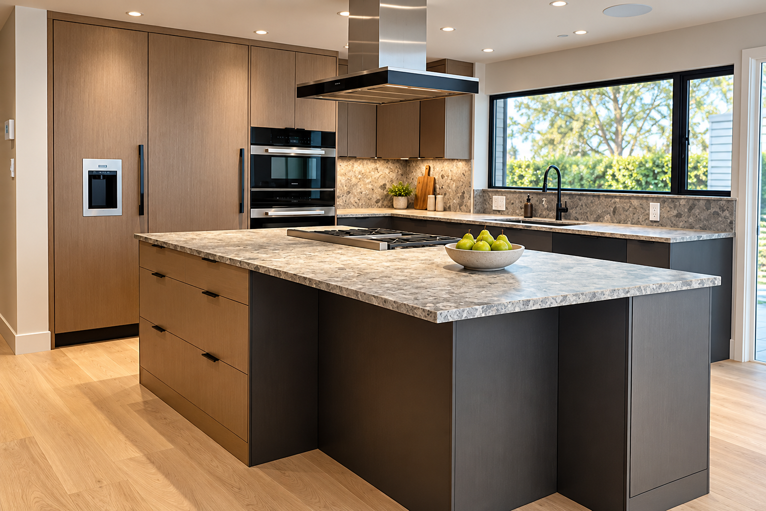 Rendering of woodgrain cabinetry and a charcoal island, based on HOH kitchen project photos.