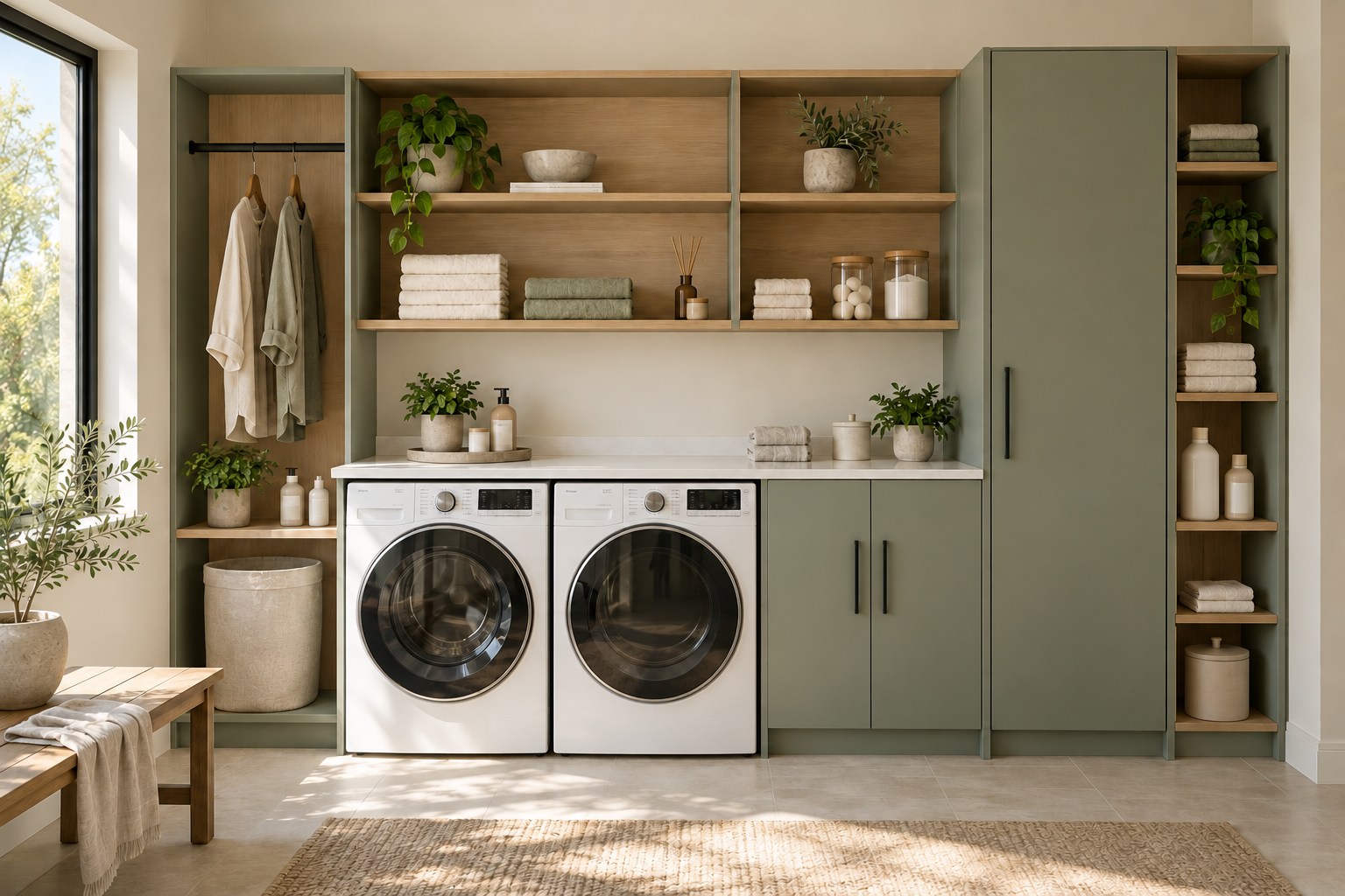 Laundry room cabinets and shelves