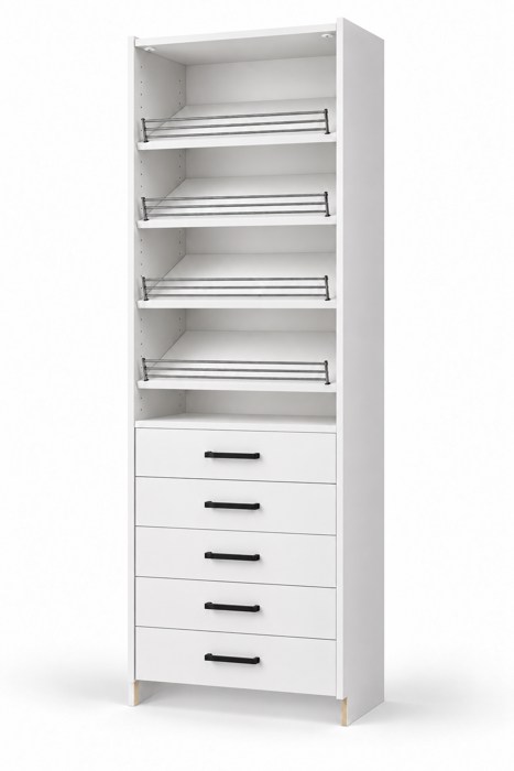 Angled shoe shelves above drawers
