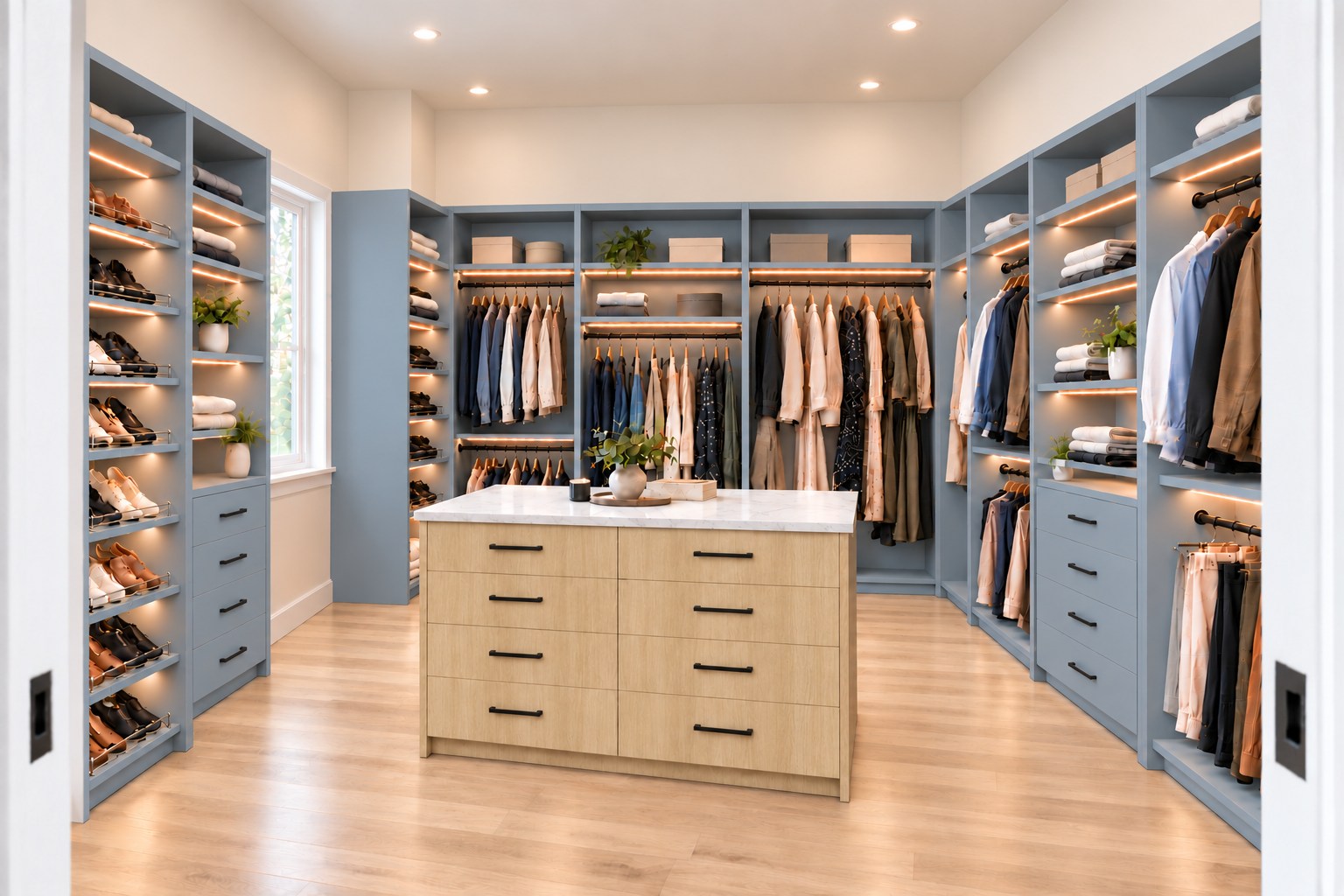 Blue-grey walk-in closet with a pale wood island, quartz top and open wall space above the cabinetry