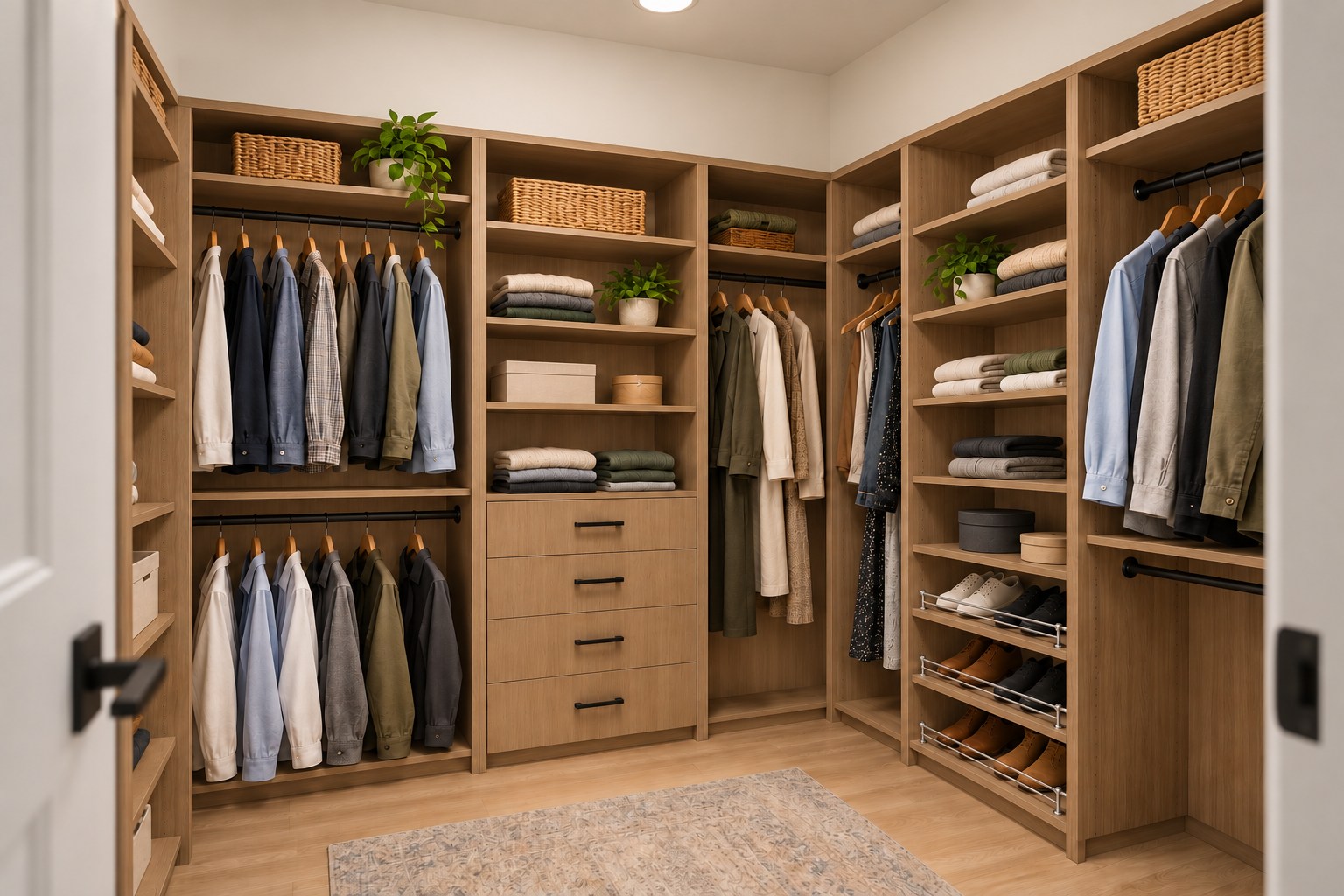 Warm wood walk-in closet with double hanging, drawers and shoe storage