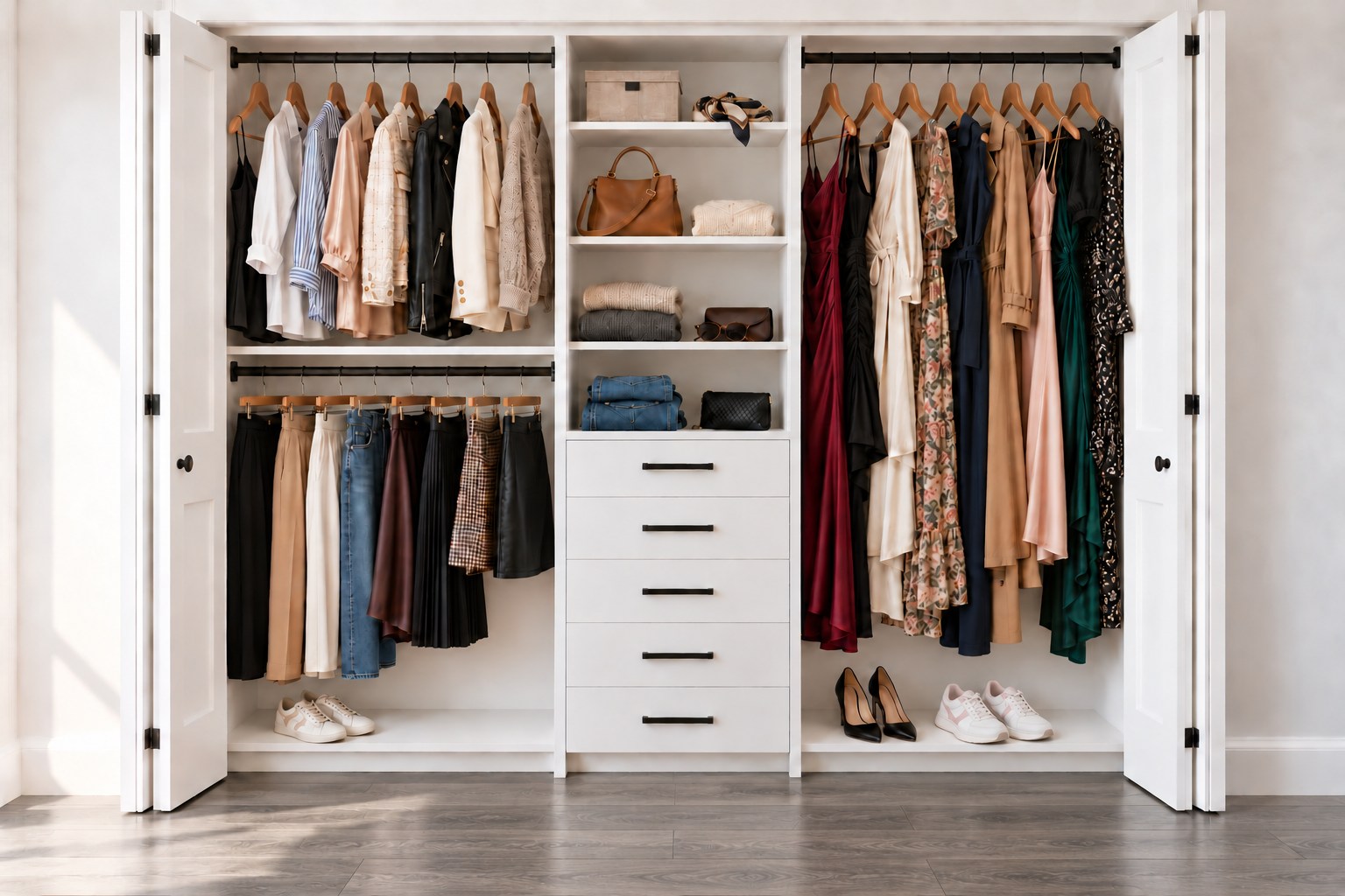 White reach-in closet with open bifold doors